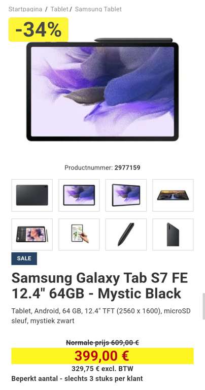 Samsung Galaxy Tab S7 FE 12.4" 64GB - Mystic Black (Zwart, Zilver, Roze en Groen)