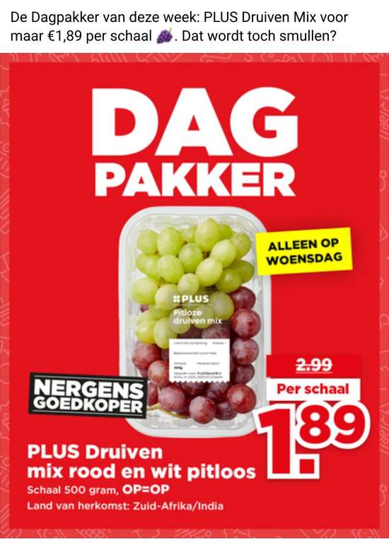PLUS Dagpakker 500 gram mix rode en witte pitloze Druiven