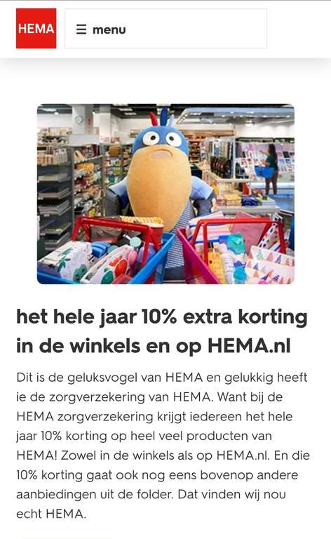 Het hele jaar +10% extra korting in de winkels en op HEMA.nl bij HEMA zorgverzekering 2023