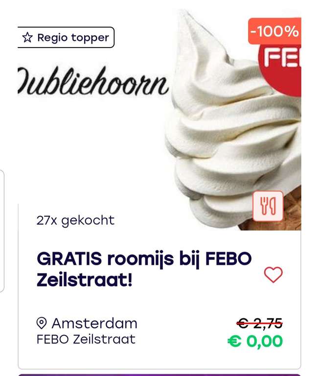 Gratis Snack Febo Dappermarkt Amsterdam en gratis Softijsje Febo Zeilstraat Amsterdam