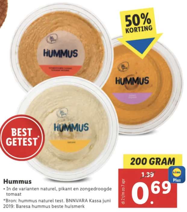 Laagste prijs: Hummus 50% korting @Lidl