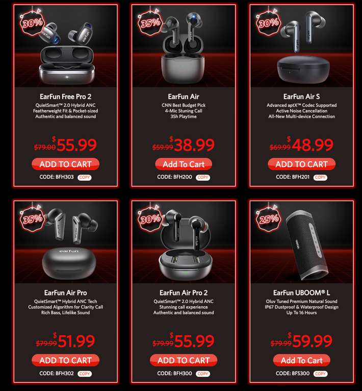 EarFun Black Friday & Cyber Monday sales tot 55% korting (i.e. Air Pro 2 - €56; Air S - €49; Uboom L speaker €60)