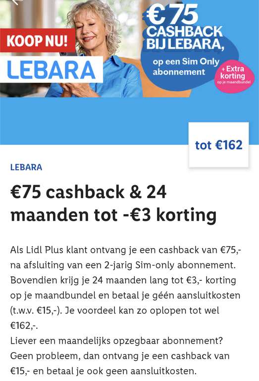 Lebara Sim Only maandelijks opzegbaar vanaf 7€pm + 15€ cashback via Lidl Plus app