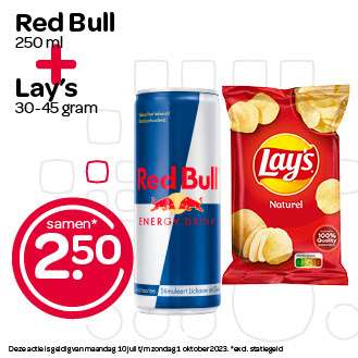 Red Bull 250ml en Lay’s chips 30-45 gram €2,50 @Spar