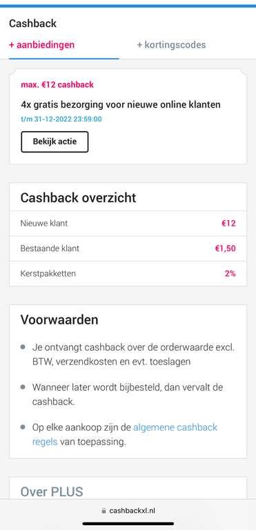 Gratis bezorging bij PLUS + €12 cashback via CashbackXLvoor nieuwe klanten
