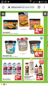 Ben & Jerry's ijs alle soorten, dus ook de duurste, 2 stuks van € 8,88 - € 14,50 voor € 6,99 bij supermarkt Dekamarkt