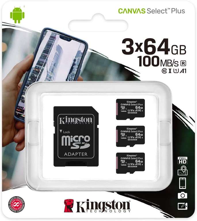 3x 64Gb Kingston canvas select plus microsSD kaarten.