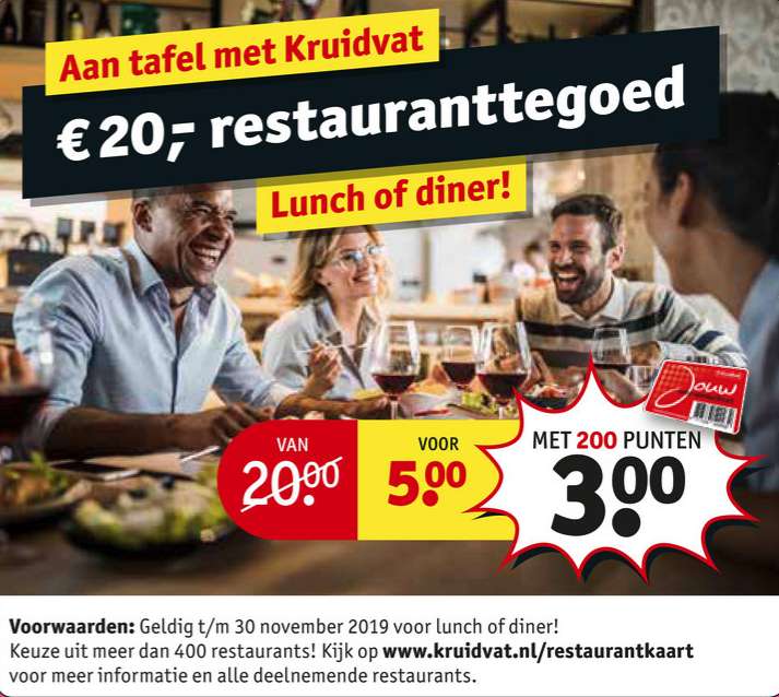 €20 restauranttegoed voor €5 of €3 met 200 punten @ Kruidvat