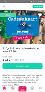 €10 bol.com cadeaukaart voor €7,50 + 1500 punten Tessa
