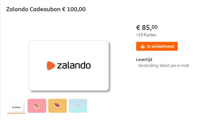 15% korting op een Zalando cadeaukaart van 100 euro bij inleveren van 19 ING punten