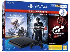 PlayStation 4 Slim 500GB Black + Horizon Zero Dawn + Uncharted 4 + Gran Turismo Sport @ Game Mania