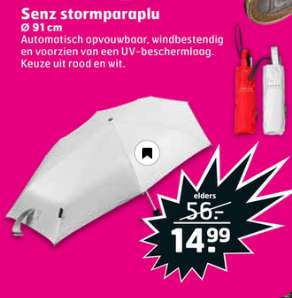 [V.a. 3 maart] Senz Smart Stormparaplu rood of wit voor €14,99 @ Trekpleister winkels