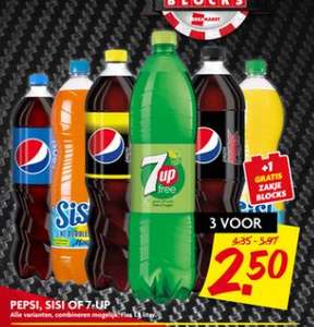 3 flessen (1,5 liter fles) Pepsi, Sisi of 7-Up voor maar 2,50 bij Dekamarkt.