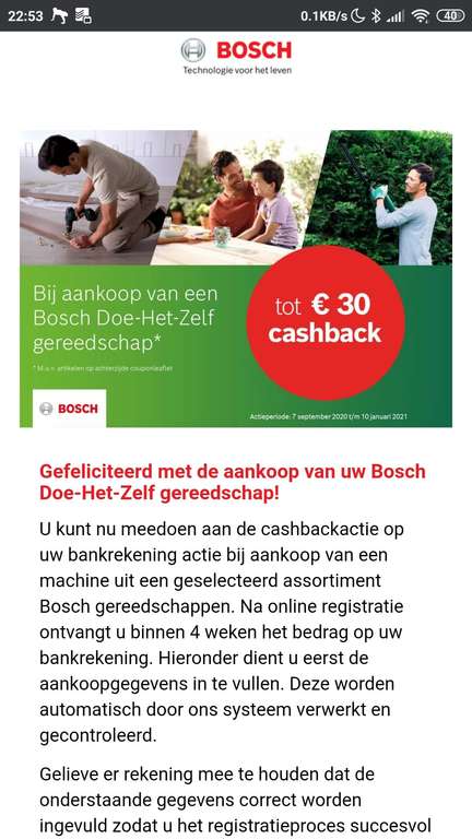 Bosch gereedschap cashback tot €30 retour of gratis accu