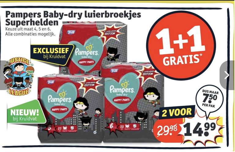 Pampers baby-dry luierbroekjes superhelden 1+1 gratis bij Kruidvat