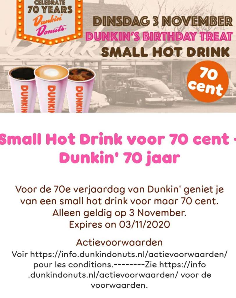 Dunkin' Donuts: Small hot drink of Original glazed donut voor € 0,70