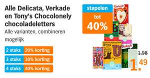 AH: Chocoladeletters korting stapelen. Bv Tony Chocolonely 180gr vanaf 1,79€ per stuk (dus tot Max 40%)