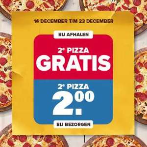 2e pizza gratis bij afhalen, 2e pizza 2 euro bij bezorgen @ Dominos