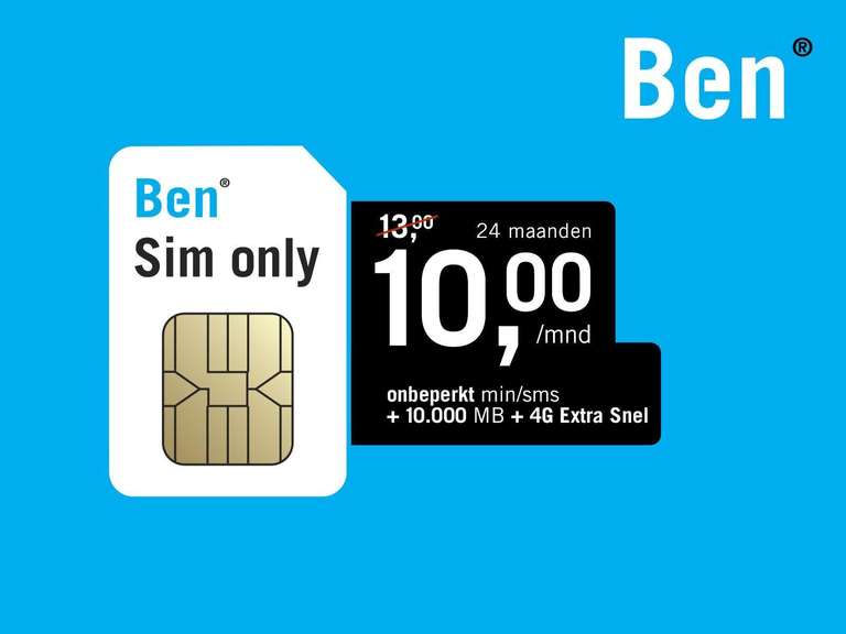 Ben sim only ING spaarpunten deal, 10gb en onbeperkt bellen en SMS voor 10 Euro per maand. Geen aansluitkosten.