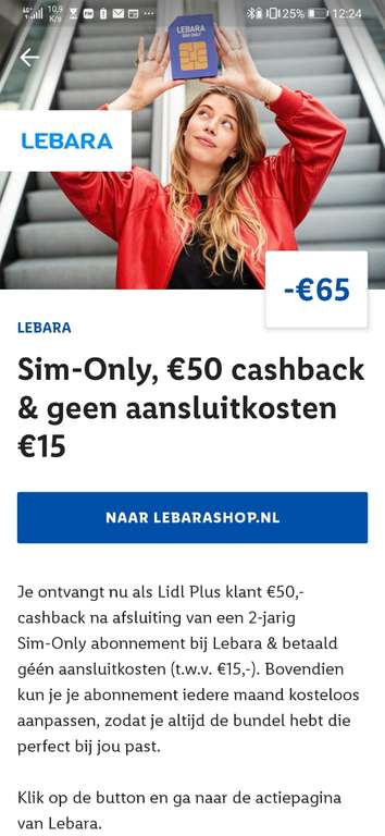 Sim-only Lebara met €50,- cashback @ Lidl Plus app