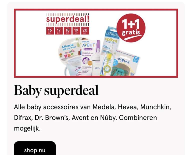 1+1 gratis bij Etos op Dr Brown’s, Munchkin, Meleda, Difrax, Avent en Nuby baby accesoires