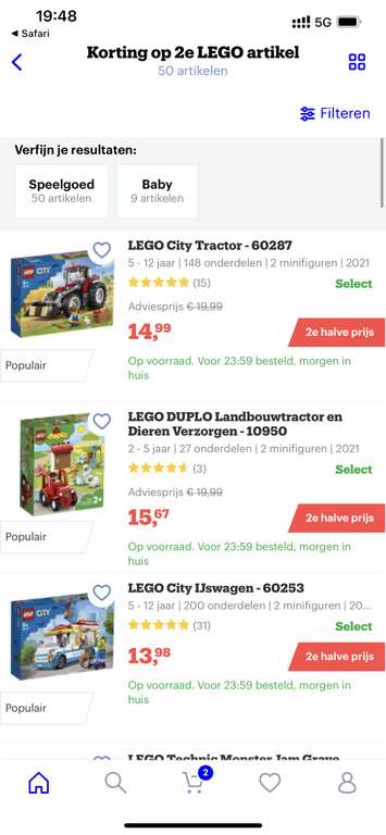 [bol.com] Verschillende Duplo of Lego 2e halve prijs