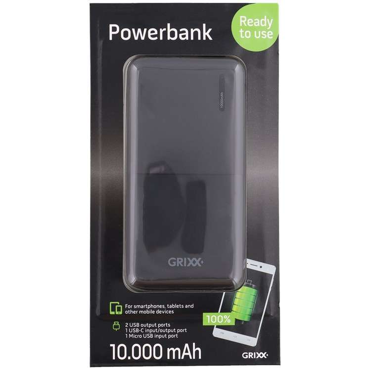 Grixx powerbank 10.000 mAh met USB-C en Micro-USB aansluiting