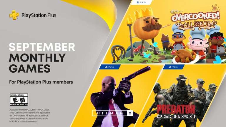 PS Plus Games (September 2021) - Overcooked! All You Can Eat (PS5), Hitman 2 (PS4), Predator: Hunting Grounds (PS4)