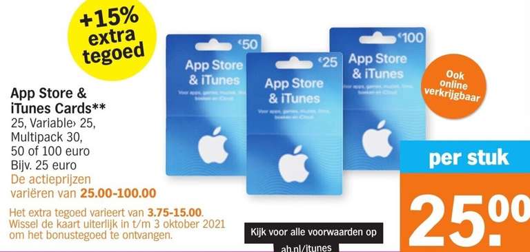 App Store & iTunes Card +15% Extra (ook online verkrijgbaar) @ Albert Heijn