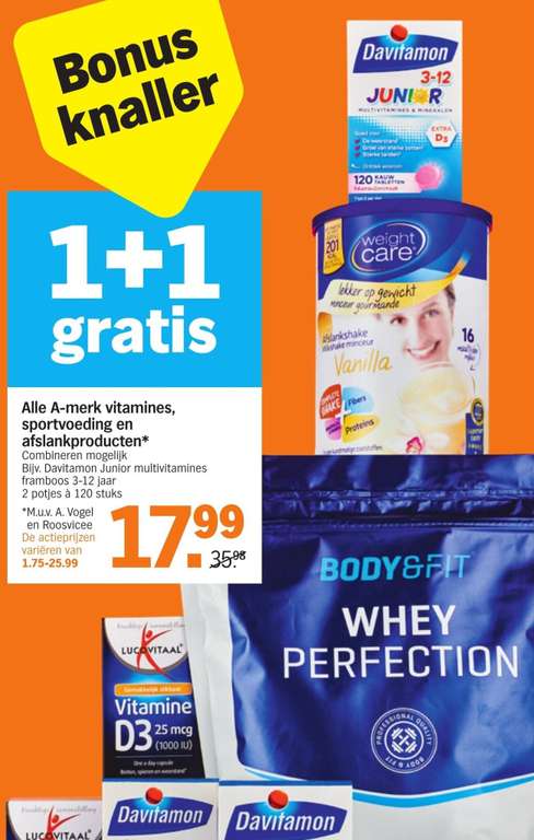 1+1 Gratis alle A-merk vitamines, sportvoeding en afslankproducten o.a. Body&Fit @ Albert Heijn