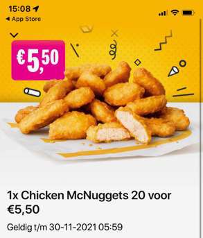 Chicken McNuggets 20 voor €5,50 bij MCDonalds via de App