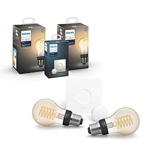 Philips Hue White LED E27 Filament Bluetooth (2-pack) + Philips Hue Smart Button @ Amazon.de