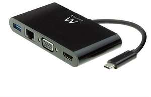 Ewent USB-c-hub: HDMI 1.4 (4K@30Hz), VGA 1080p, gigabit ethernet en USB-A 3.0.