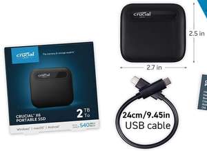 Crucial 2Tb X6 Portable SSD, Up to 600 Mb/S, Usb 3.2, USB-C, USB-A, Black