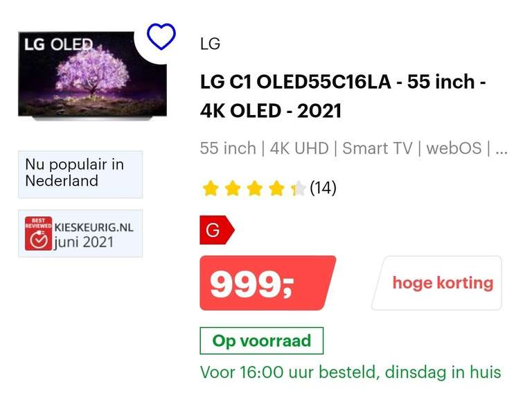 LG C1 OLED55C16LA 55'' voor €899 na cashback