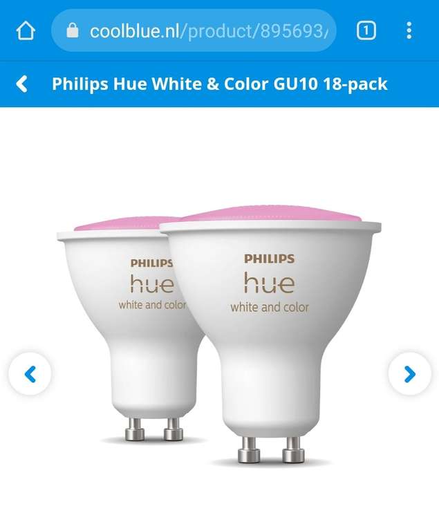 Verplaatst naar discussie... 31,61 per lamp, Philips Hue gu10 white and color, 18 stuks. Tip samen aanschaffen.