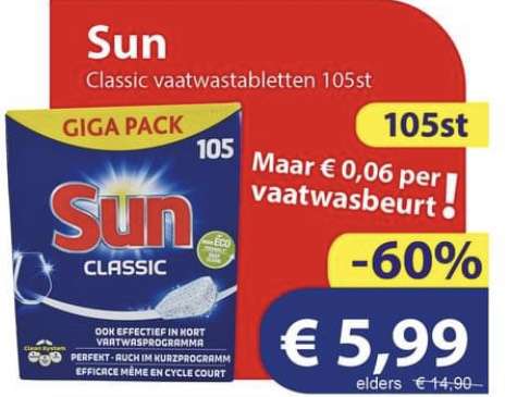 105 Sun Classic Vaatwastabletten voor €6 @ Die Grenze