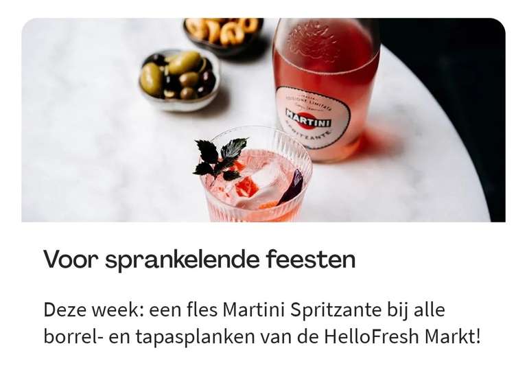 Gratis Fles MARTINI Spritzante bij aankoop vanaf €5 aan borrel/tapas (HELLO FRESH GEBRUIKERS)