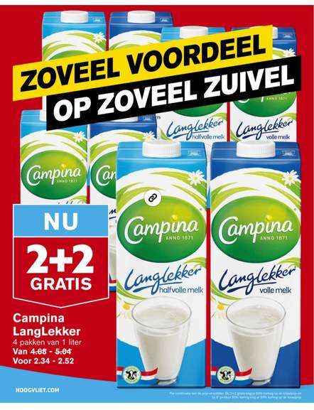 2+2 gratis 1 liter Campina LangLekker melkpakken voor €2,34