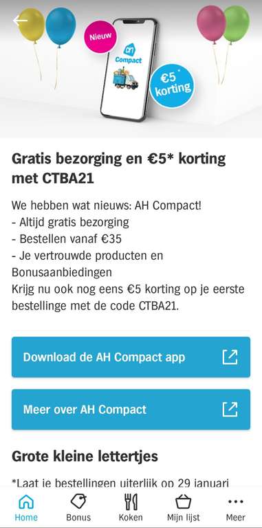 [Lokaal] AH Compact, de nieuwe app van AH met gratis bezorgen (minimaal €35,- bestellen) en € 5, - korting bij de eerste bestelling!