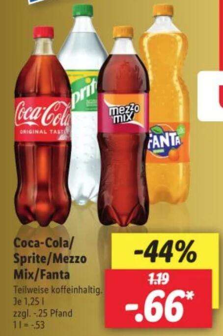 Coca Cola, Sprite, Fanta, MezzoMix fles 1,25 liter (.53€/liter) @ Lidl DE [Grensdeal]