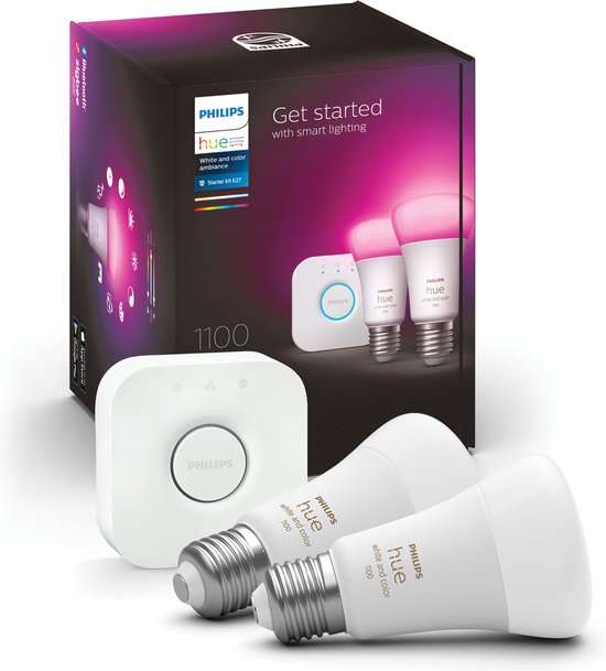 Philips Hue starterkit (2x) = 4x White and Color Ambiance 1100lm + 2 Bridge