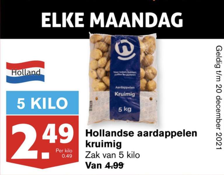 Elke maandag 5 kg Hollandse aardappelen kruimig voor € 2,49 bij Hoogvliet