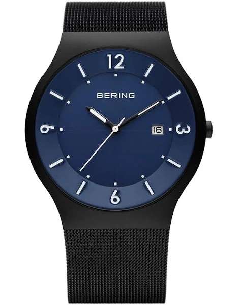 Bering Men's Analog Slim Solar Watch with Stainless Steel Bracelet 14440-227, Black/Bluem