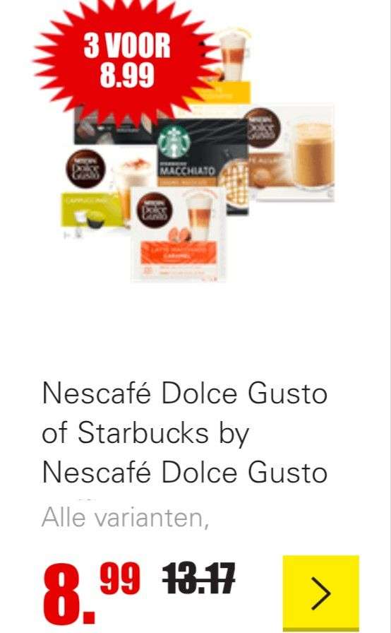 Nescafé Dolce Gusto of Starbucks koffiecups 3 voor €8,99 bij Dirk