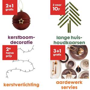 Kerst-deals: kerstdeco 2+1 // verlichting 2e 1/2 prijs // servies 3+1 // kaarsen 3 voor €10