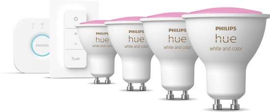 Philips Hue Starterspakket - White and Color Ambiance - GU10 - 4 lampen - 1 bridge - 1 dimmer switch