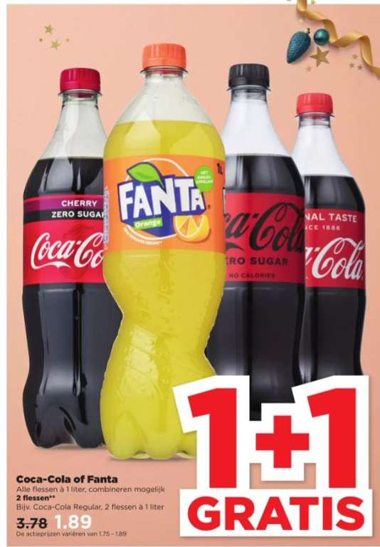 Coca-Cola of Fanta 1l 1+1 bij PLUS