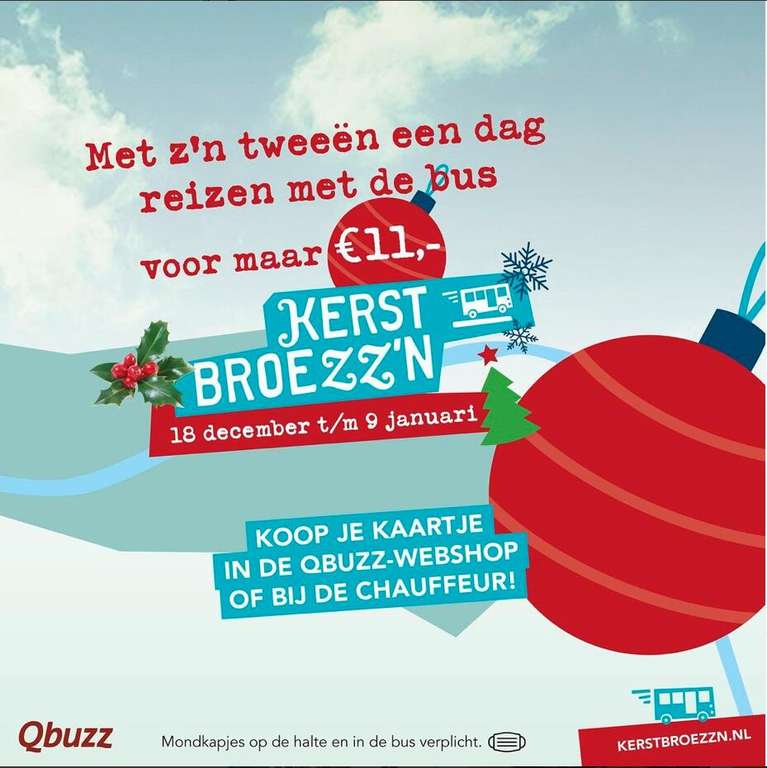 Kerstbroezz'n: dagkaart Qbuzz Groningen-Drenthe voor 2 personen voor de prijs van 1 (incl. 3 kinderen <12jr. per volwassene)