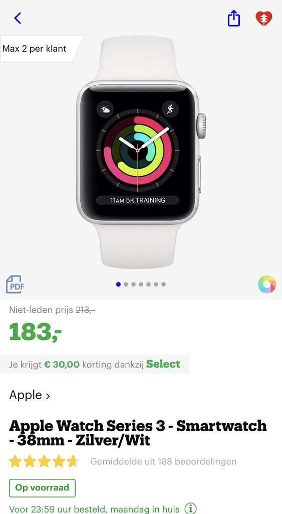 [bol.com select deal] Apple Watch Series 3 - Smartwatch - 38mm - Zilver/Wit €183